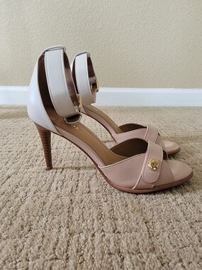 Coach Kathleen Nude and White Ankle-Strap Stiletto Sandals, Size 7.5